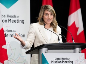 Minister of Foreign Affairs Melanie Joly delivers remarks at the Global Heads of Mission Meeting discussing the Future of Diplomacy Initiative in Ottawa, on Wednesday, June 7, 2023.