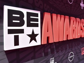 FILE - Signage appears at the BET Awards in Los Angeles on June 26, 2022. The 2023 BET Awards will be held on Sunday.