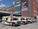 Ambulances are parked at the Civic hospital campus, in this 2022 file photo. Last week, the city’s emergency preparedness and protective services committee heard that the city’s paramedic service is in dire straits and not meeting response time standards for the most serious 911 calls.