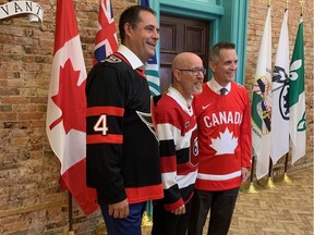 Senators VP of business operations Chris Phillips, OSEG president and CEO Mark Goudie and Ottawa Mayor Mark Sutcliffe announced that 2025 world junior hockey championships will be held in Ottawa.