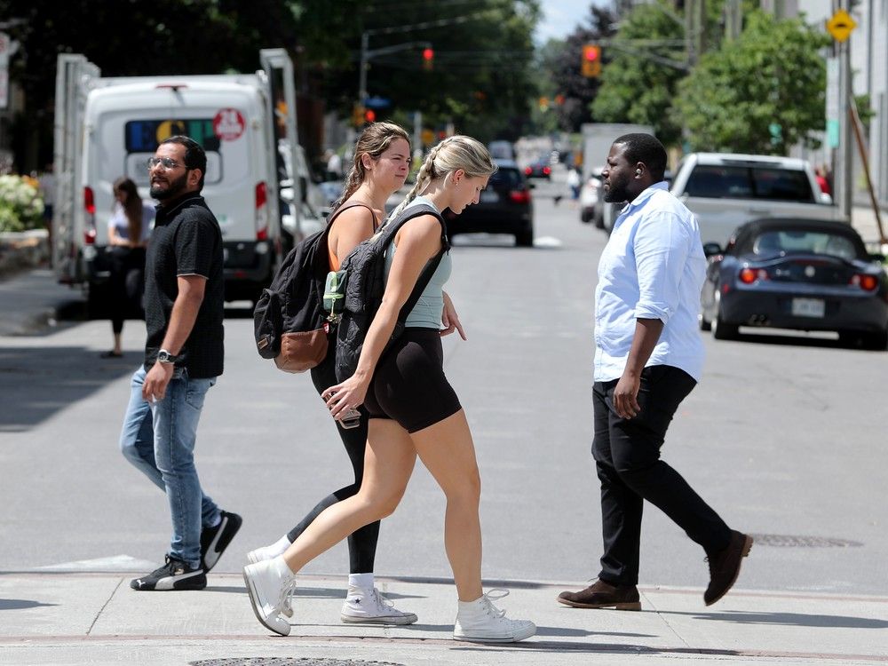 Pedestrians use a crosswalk on Elgin Street. If only everyone on foot obeyed some common-sense safety rules.