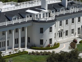 An aerial view of a home designed to be a replica of the White House is seen on July 03, 2023 in Hillsborough, California. A home dubbed the "Western White House" in California's San Mateo County is on sale for $38.9 million.