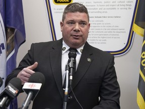 FILE: Akwesasne Mohawk police Chief Shawn Dulude speaks to the media Friday, March 31, 2023, after a boat capsized and left eight people confirmed dead in Akwesasne, Que.
