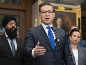 Conservative leader Pierre Poilievre speaks with reporters in the Foyer of the House of Commons, Monday, June 5, 2023 in Ottawa.