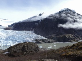 FILE - Chunks of ice float in Mendenhall Lake in front of the Mendenhall Glacier on April 29, 2023, in Juneau, Alaska.