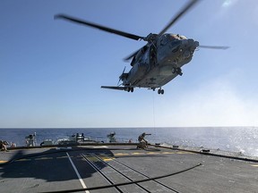 The Cyclone helicopter that crashed off the coast of Greece on April 29, 2020 is shown about two months previous operating from HMCS Frederiction.