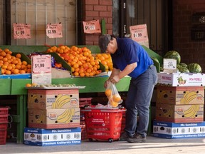 A man shops for fruit at a produce market in Toronto.