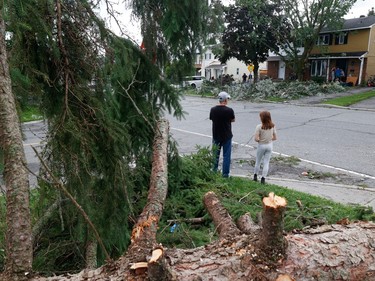 Families go outside their home to check out the damage to their homes and neighbourhood after a tornado rips through Barrhaven