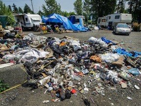 A homeless camp in Abbotsford in June that was later dismantled. Startling research shos that of those unhoused, 70 per cent had moderate to severe injuries — 14 times the rate in the general population.