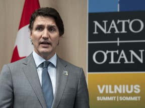 Prime Minister Justin Trudeau makes opening remarks at a meeting with Slovakian President Suzana Caputovaat at the NATO Summit in Vilnius, Lithuania, Tuesday, July 11, 2023.
