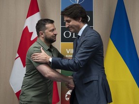 Prime Minister Justin Trudeau meets with Ukrainian President Volodymyr Zelenskyy at the NATO Summit, Wednesday, July 12, 2023 in Vilnius, Lithuania.