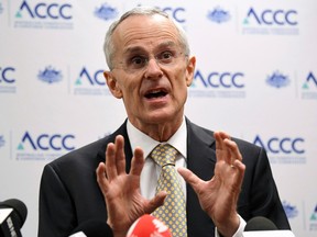 Australian Competition and Consumer Commission (ACCC) Chairman Rod Sims speaks during a media conference at the in Sydney, Tuesday, Oct. 29, 2019.