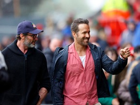 Co-owner of Wrexham Football Club Ryan Reynolds and actor Hugh Jackman meet fans