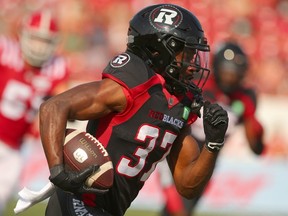 It looks like Ottawa's Brandin Dandridge, seen returning an interception for a TD against Calgary on July 23, 2023, will return from a foot injury this week, but the Redblacks aren't saying if he'll be returning kicks in addition to playing defensive back.