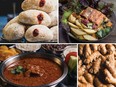 Clockwise from top left: bread machine and air fryer paczki, air fryer salmon and pear salad, fresh ginger and electric pressure cooker butter chicken. PHOTOS BY JULES SHERRED