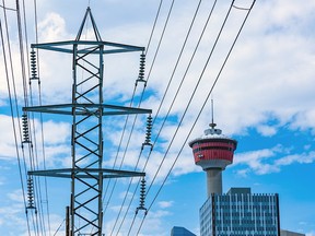 Power lines in Calgary. Alberta is opposed to federal regulations calling for net-zero electricity grids by 2035.