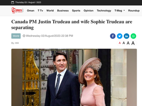 Coverage of the Trudeau split on the Times of Oman.