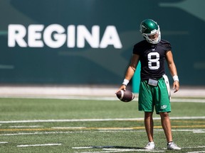 Saskatchewan Roughriders quarterback Mason Fine (8) stands on the field during practice at Mosaic Stadium on Wednesday, August 2, 2023 in Regina.