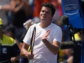 Canada's Milos Raonic celebrates his win over Japan's Taro Daniel during tennis action at the National Bank Open in Toronto on Wednesday, Aug. 9, 2023.