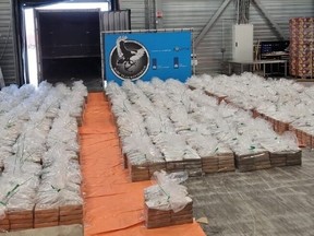 This handout photograph released by Netherlands Customs on August 10, 2023, shows packets of cocaine on display after they were seized by authorities in the port of Rotterdam on July 13, 2023.