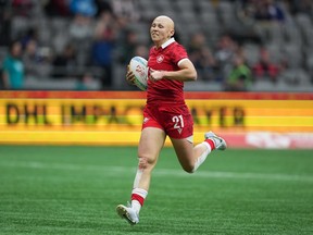 Canada's Olivia Apps scores a try against Brazil during HSBC Canada Sevens women's rugby action, in Vancouver, B.C., Saturday, March 4, 2023. Canada's rugby sevens squads will have home-field advantage this weekend when they look to secure Olympic qualification at the Rugby Americas North (RAN) Sevens in Langford, B.C.