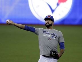 Toronto Blue Jays' Dalton Pompey warms up before Game 3 of baseball's American League Championship Series against the Cleveland Indians in Toronto, Monday, Oct. 17, 2016