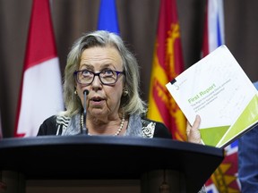 Green Party Leader Elizabeth May speaks at a news conference on Parliament Hill in Ottawa on Friday, August 18, 2023.