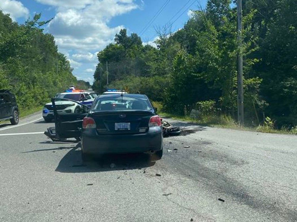 A photo of the scene of Saturday's collision between a car and a motorcycle on Huntmar Drive in Kanata.