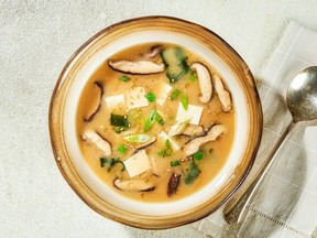 Tofu, Pea and Mushroom Soup. MUST CREDIT: Photo for The Washington Post by Rey Lopez