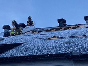 Ottawa Fire Service firefighters work to protect a storm-damaged roof at a home on Salamander Way in the south end of the city after a severe storm struck the neighbourhood on Thursday, Aug. 3, 2023. Ottawa Fire Services/handout