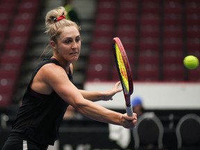 Ottawa's Gabriela Dabrowski and partner Erin Routliffe of New Zealand advanced to the second round of the U.S. Open women's doubles tournament with a 4-6, 6-1, 6-0 win over Lauren Davis of the United States and Czechia's Anastasia Detiuc on Thursday. Dabrowski takes part in practice for the Billie Jean King Cup tennis qualifiers against Belgium, in Vancouver, B.C., Tuesday, April 11, 2023.