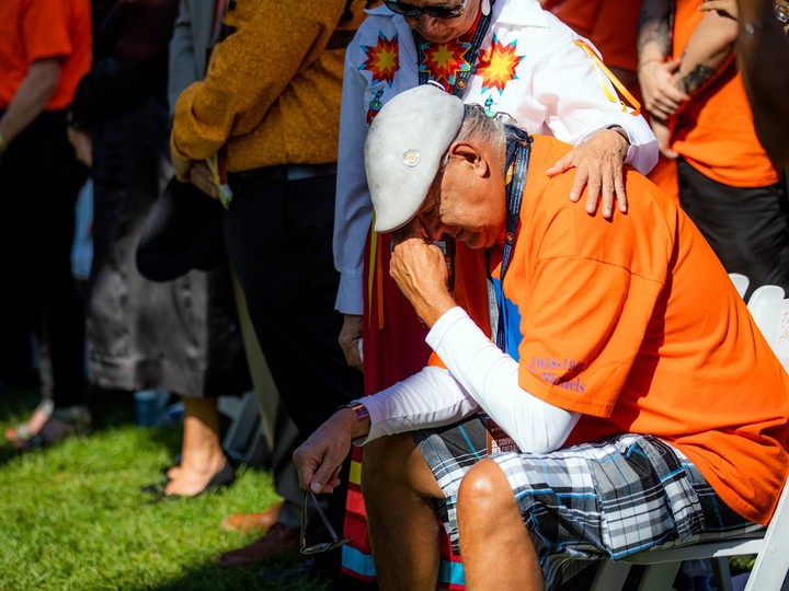  Residential school survivors and their supporters were full of emotions as a banner bearing the names of children who did not come home moved onto the stage on Saturday.