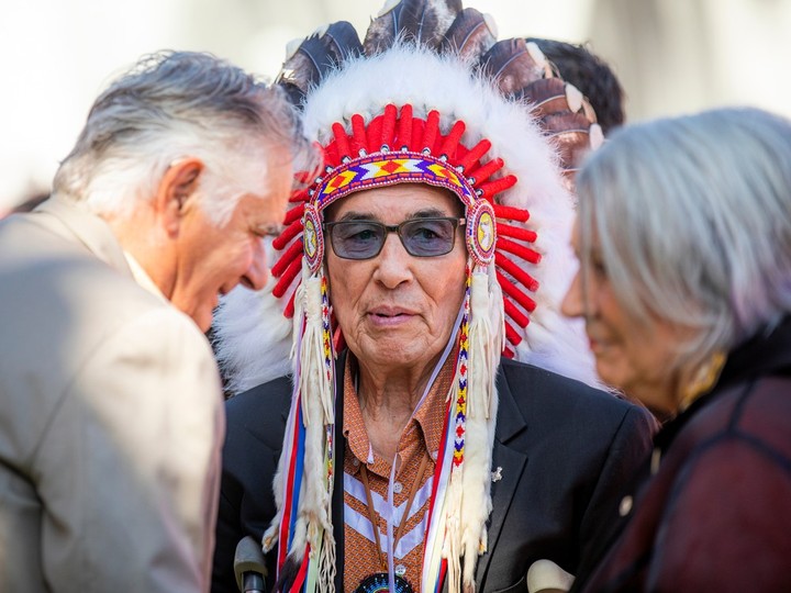  Parliament Hill was a sea of orange as a gathering was held to honour the National Day for Truth and Reconciliation on Saturday, September 30, 2023. Chief Wilton “Willie” Littlechild spoke with Whit Fraser and his wife, Governor General of Canada, Mary Simon.
