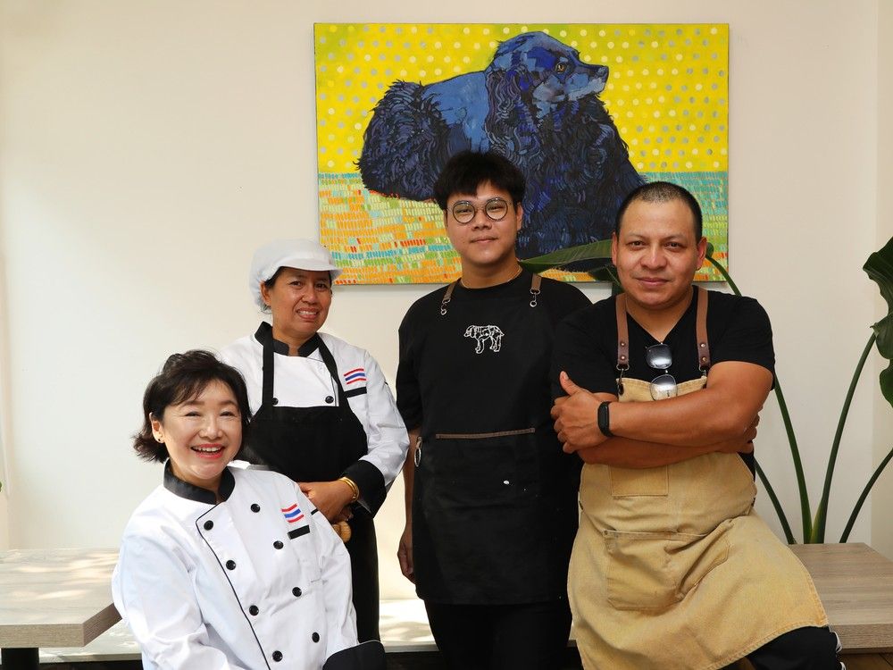 Social Thai, Hugo Cafe and Hugo Taco are essentially three businesses under the same roof in Centretown.&nbsp;L to R: chefs Hyoseon Lee and Phet Lebreton of Social Thai, pastry chef Ardianto Sumitro of Hugo Cafe and chef German De Los Santos Cruz of Hugo Taco. 