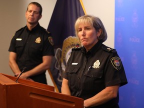 Ottawa police Chief Eric Stubbs and Deputy Chief Trish Ferguson take questions at a media availability on Sept. 6, 2023.