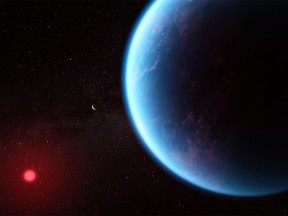 An illustration of what exoplanet K2-18 b could look like based on scientific data. K2-18 b is 8.6 times as massive as Earth, orbits the cool dwarf star K2-18 in the habitable zone and lies 120 light years from Earth.