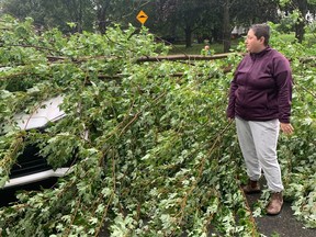 Storm damage, Tanya Pitre looks at her car damaged by storm