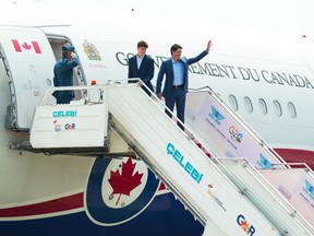 Prime Minister Justin Trudeau and son Xavier depart New Delhi, India on Sept. 12, 2023.
