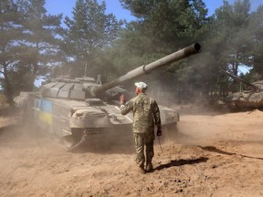 Ukrainian tanks take part in a training exercise in the Chernigiv region on Sept. 8, 2023, amid the Russian invasion of Ukraine.