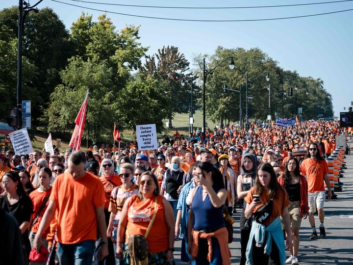  People march during the “Every Child Matters: A Day of Action for Truth and Reconciliation” rally in Montreal, Canada on September 30, 2023. Across Canada, September 30 is the National Day for Truth and Reconciliation, a time to commemorate the victims of the residential school system for Indigenous kids, also known as Orange Shirt Day. The last residential school shuttered in 1996.