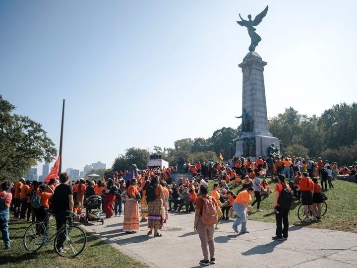  People gather in front of the Sir George-Etienne Cartier statue during the “Every Child Matters: A Day of Action for Truth and Reconciliation” rally in Montreal, Canada on Sept. 30, 2023. Across Canada, September 30 is the National Day for Truth and Reconciliation, a time to commemorate the victims of the residential school system for Indigenous kids, also known as Orange Shirt Day. The last residential school shuttered in 1996.