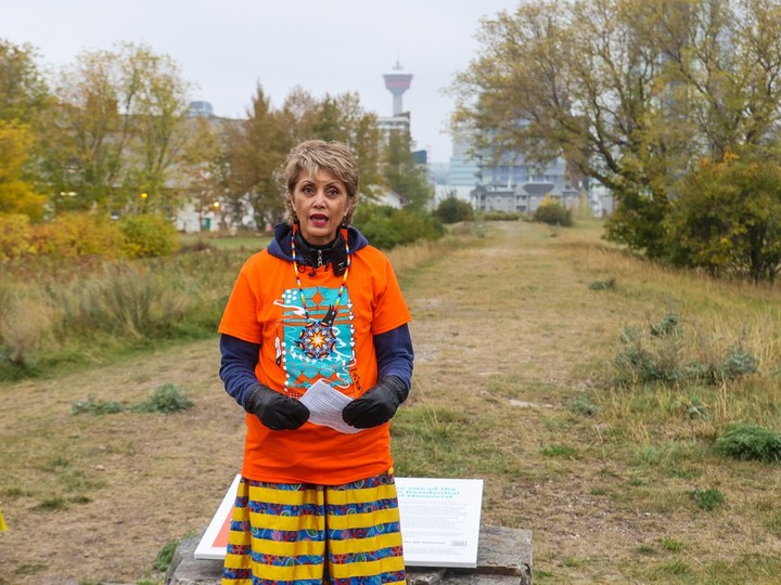  Mayor Jyoti Gondek announces the site of a permanent Indian Residential School Memorial near Fort Calgary on Saturday, Sept. 30, 2023. The announcement was part of events marking the National Day for Truth & Reconciliation in the city.
