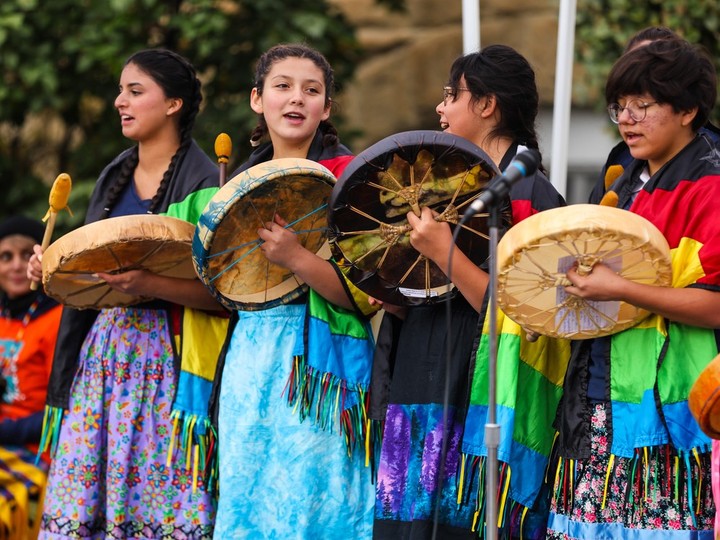  The Stardale Girls Drumming Group performs during a National Day for Truth & Reconciliation event at Grace Presbyterian Church in Calgary on Saturday, Sept. 30, 2023.