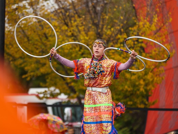  A hoop dancer performs at a City of Calgary event near Fort Calgary marking the National Day for Truth & Reconciliation on Saturday, Sept. 30, 2023.