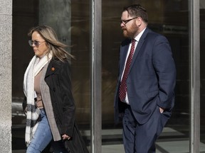 "Freedom Convoy" organizer Tamara Lich and Freedom Corp. counsel Brendan Miller are seen outside the Public Order Emergency Commission, in Ottawa, Tuesday, Nov. 22, 2022.