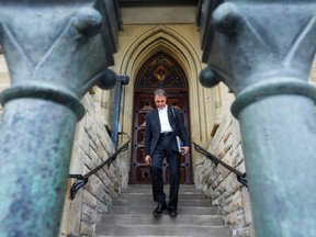 Anthony Rota leaves the speakers entrance of West Block after announcing his resignation as Speaker of House of Commons on Parliament Hill in Ottawa on Tuesday, Sept. 26, 2023.