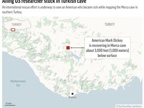 An American cave explorer mapping a Turkish cave became ill and is recovering thousands of feet below ground awaiting rescue. (AP Graphic)