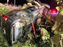 Ottawa firefighters rescued a man from a flipped car early Sunday morning, Sept. 17, 2023, near the eastbound Highway 174 and Montréal Road after 911 callers reported a flipped vehicle at the off ramp.