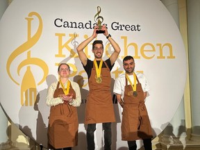 The three medalists at the Ottawa edition of Canada's Great Kitchen Party, held Thursday, Sept. 21, 2023 at the Fairmont Chateau Laurier: first-place finisher Khalid Farchoukhto of Carben Food + Drink, chef Raghav Chaudhary of Aiana, who came in second, and third-place finisher Kristine Hartling of Oz Kafe.