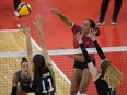 Canada's Alexa Gray hits against Mexico during NORCECA senior women's volleyball continental championship action in Laval, Que., in this Tuesday, August 29, 2023 handout photo. Canada opened an Olympic women's qualification volleyball tournament with a marathon five-set victory over the Netherlands on Saturday.
